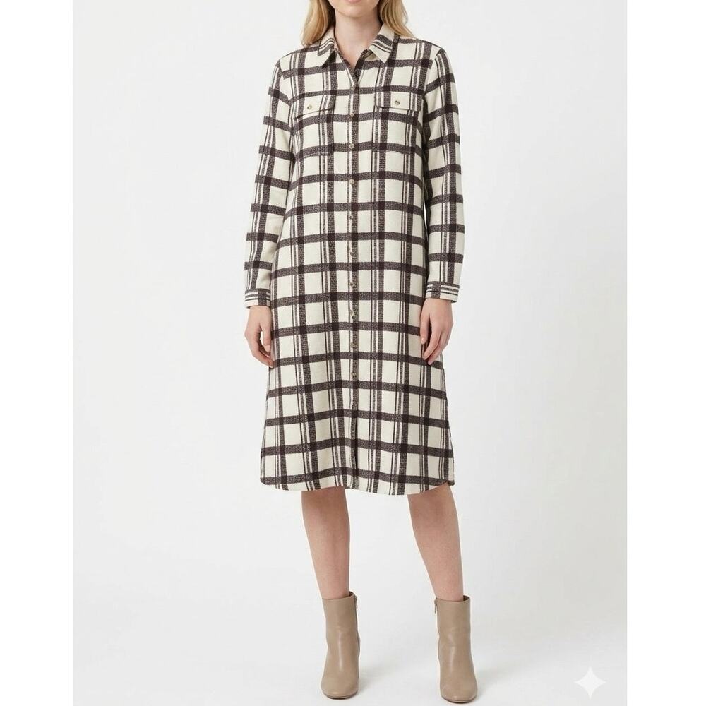 J. McLaughlin Plaid Shirt Dress Midi Button Front Long Sleeve Ivory Brown Size M